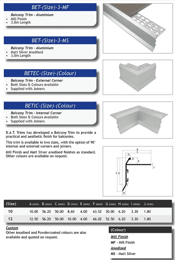 BAT trim Balcony Trim Matt Silver 10mm x 3m