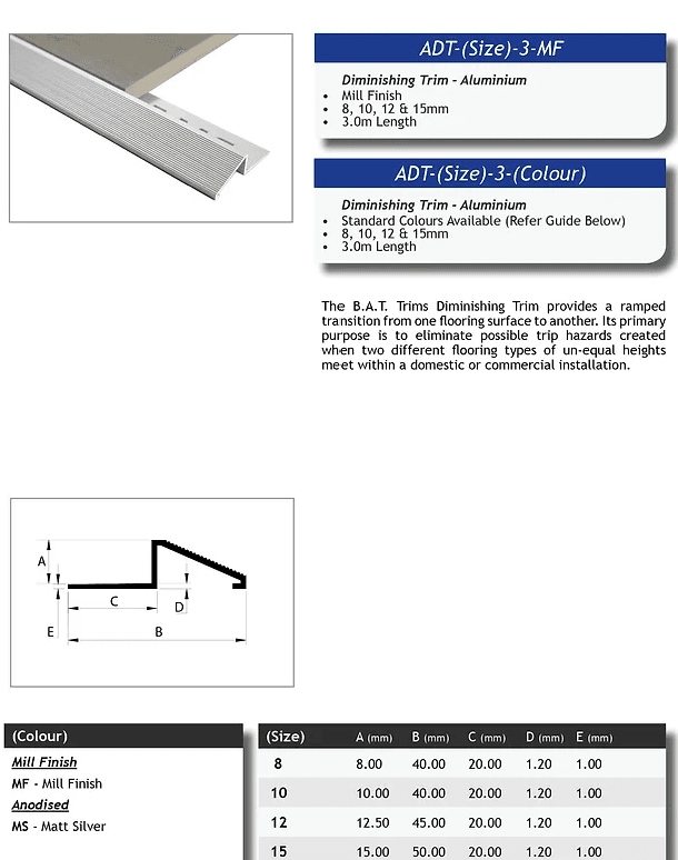 BAT trim Aluminium Diminishing Trim Matt Silver 12.5mm x 3m