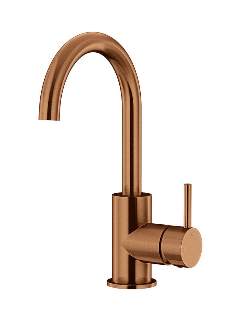 Round Gooseneck Basin Mixer with Cold Start - Lustre Bronze — view 1