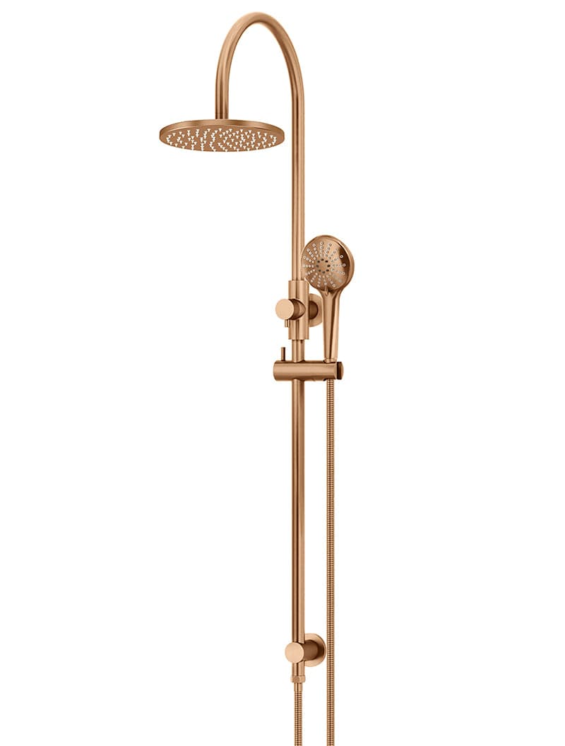 Round Gooseneck Shower Set with 200mm rose, Three-Function Hand Shower - Lustre Bronze — view 1