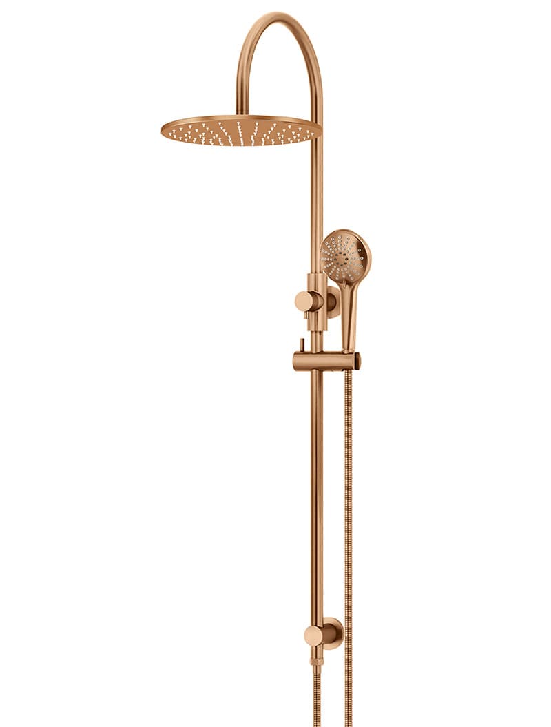 Round Gooseneck Shower Set with 300mm rose, Three-Function Hand Shower- Lustre Bronze — view 1