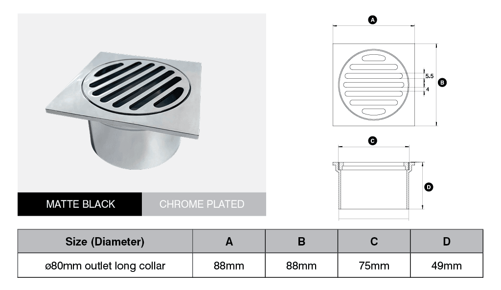 Square Floor Grate Long Collar 80mm Matte Black
