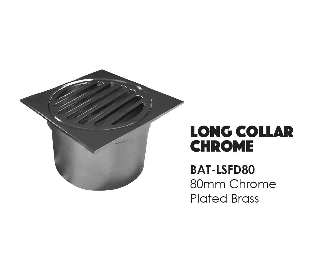 BAT Trims Chrome Plated Long Collar Square Floor Drain 80mm