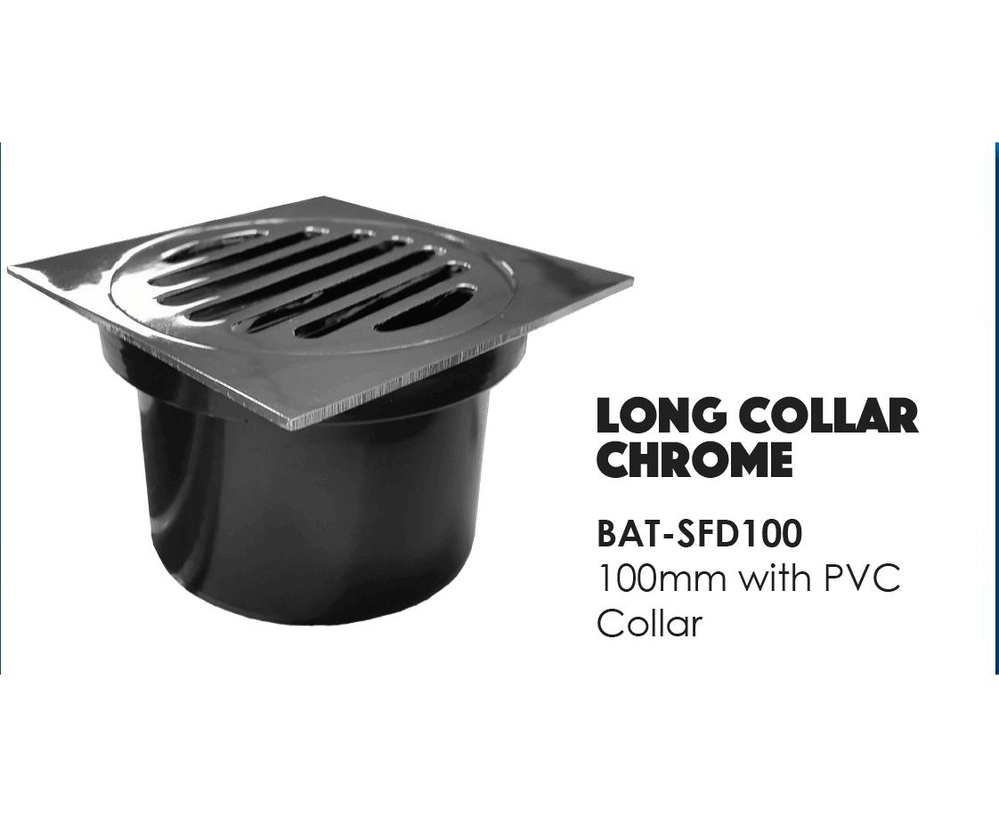 BAT Trims Chrome Plated Floor Drain 100mm w PVC Collar — view 1