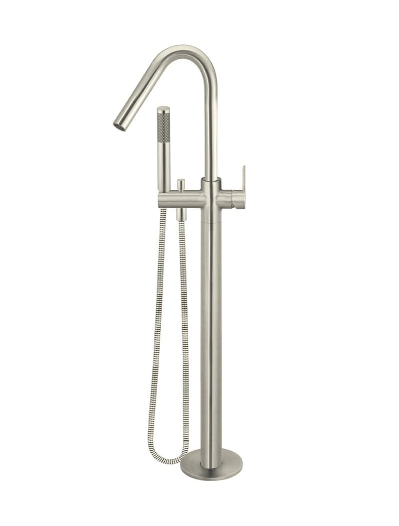 Round Paddle Freestanding Bath Spout and Hand Shower - PVD Brushed Nickel — view 1