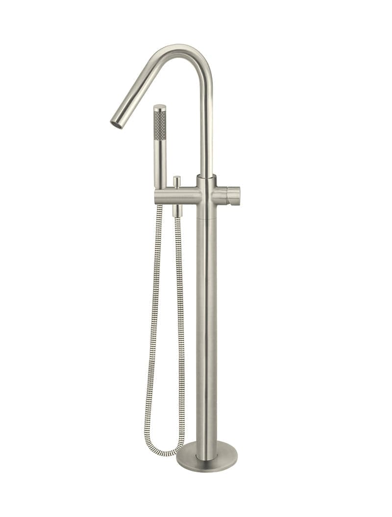 Round Pinless Freestanding Bath Spout and Hand Shower - PVD Brushed Nickel — view 1