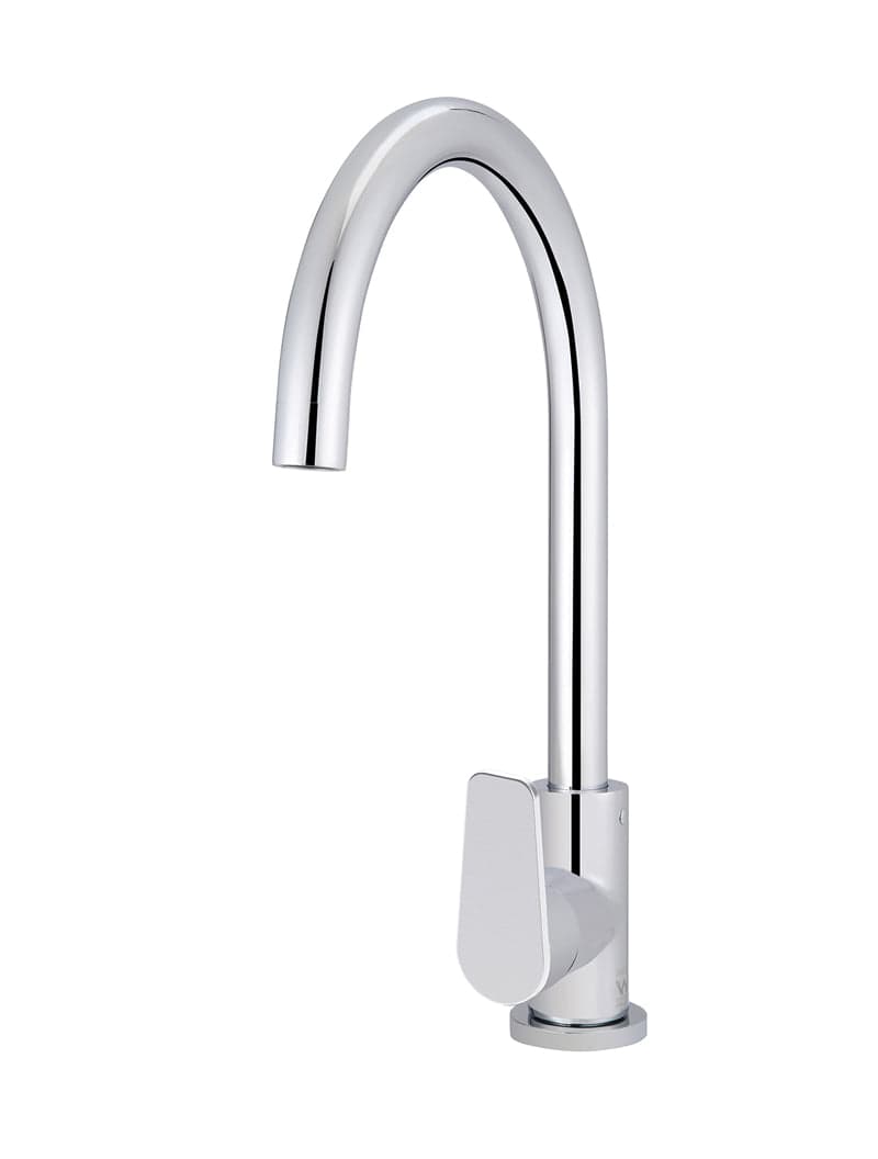 Round Gooseneck Kitchen Mixer Tap with Paddle Handle - Polished Chrome — view 1