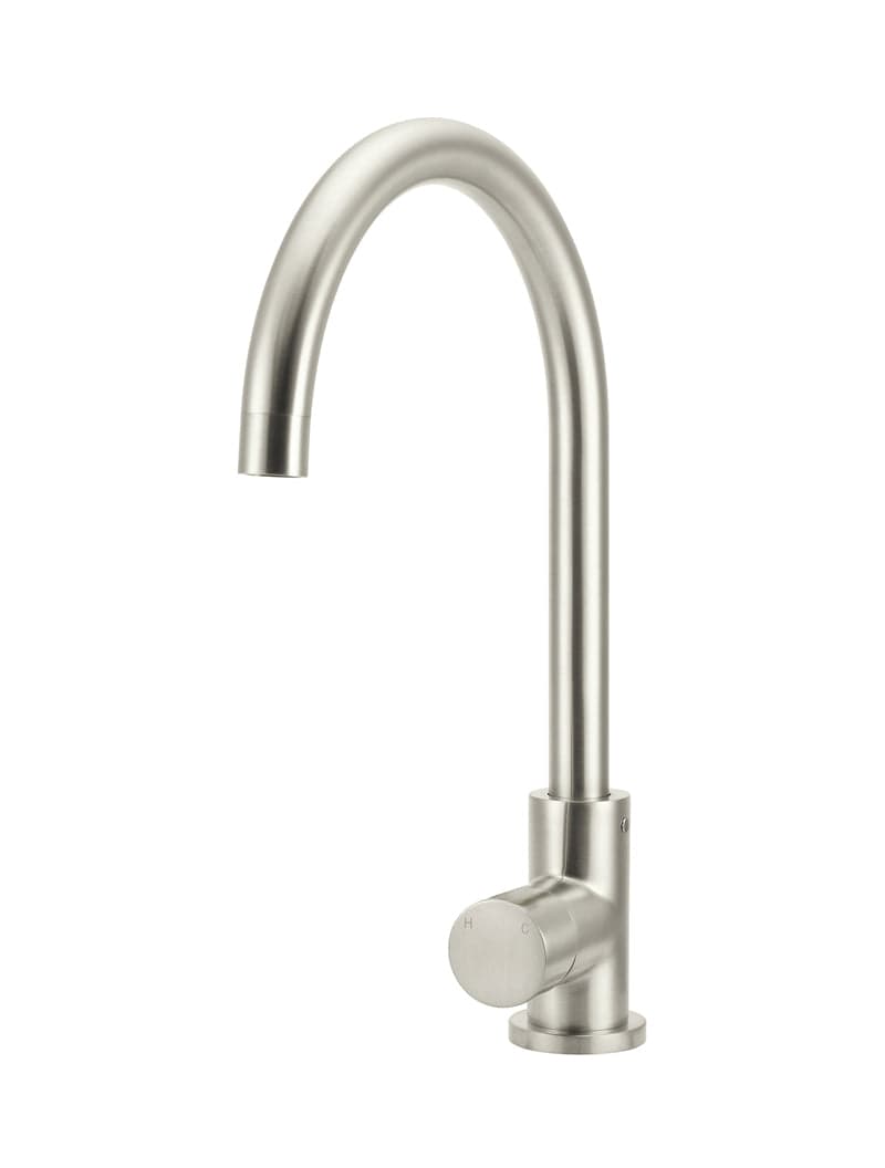 Round Gooseneck Kitchen Mixer Tap with Pinless Handle - PVD Brushed Nickel — view 1